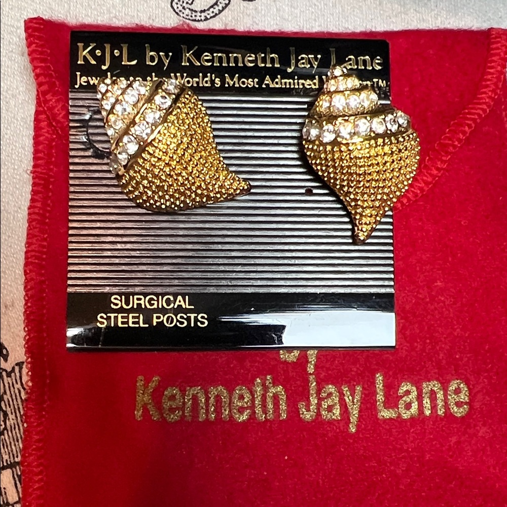 Kenneth Jay Lane Gold Shell Earrings with Crystals